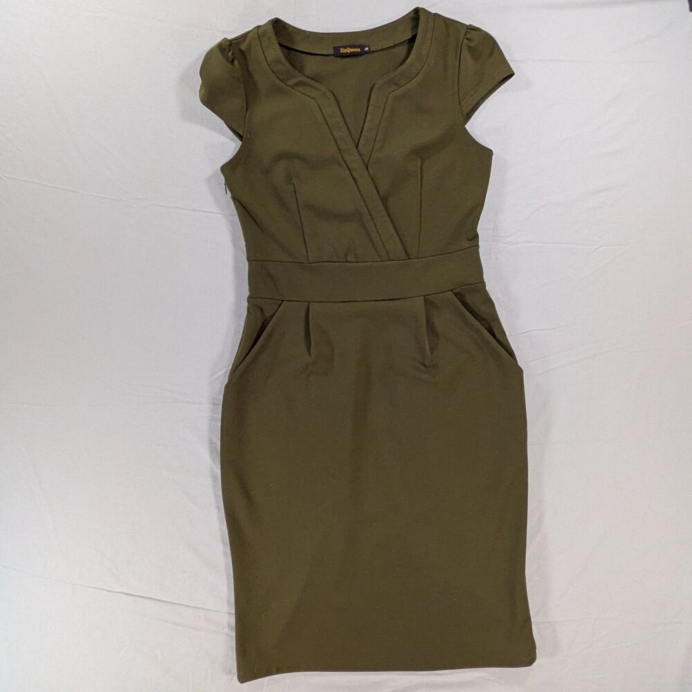 Hi Queen V-Neck Short Sleeve Sheath Dress Women's Size Small Knee Length Green